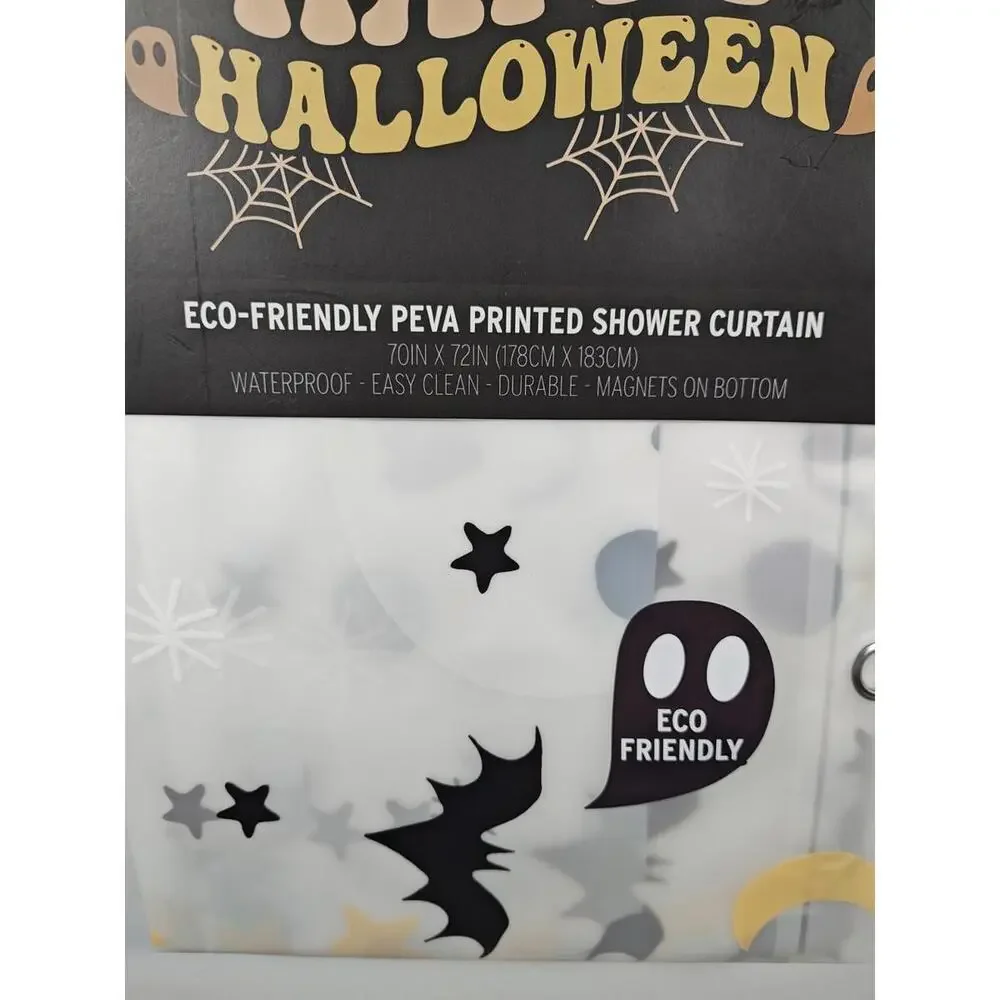 Happy Halloween Shower Curtain Eco Peva 70”x 72” Bats Skulls Stars Moon NWT
